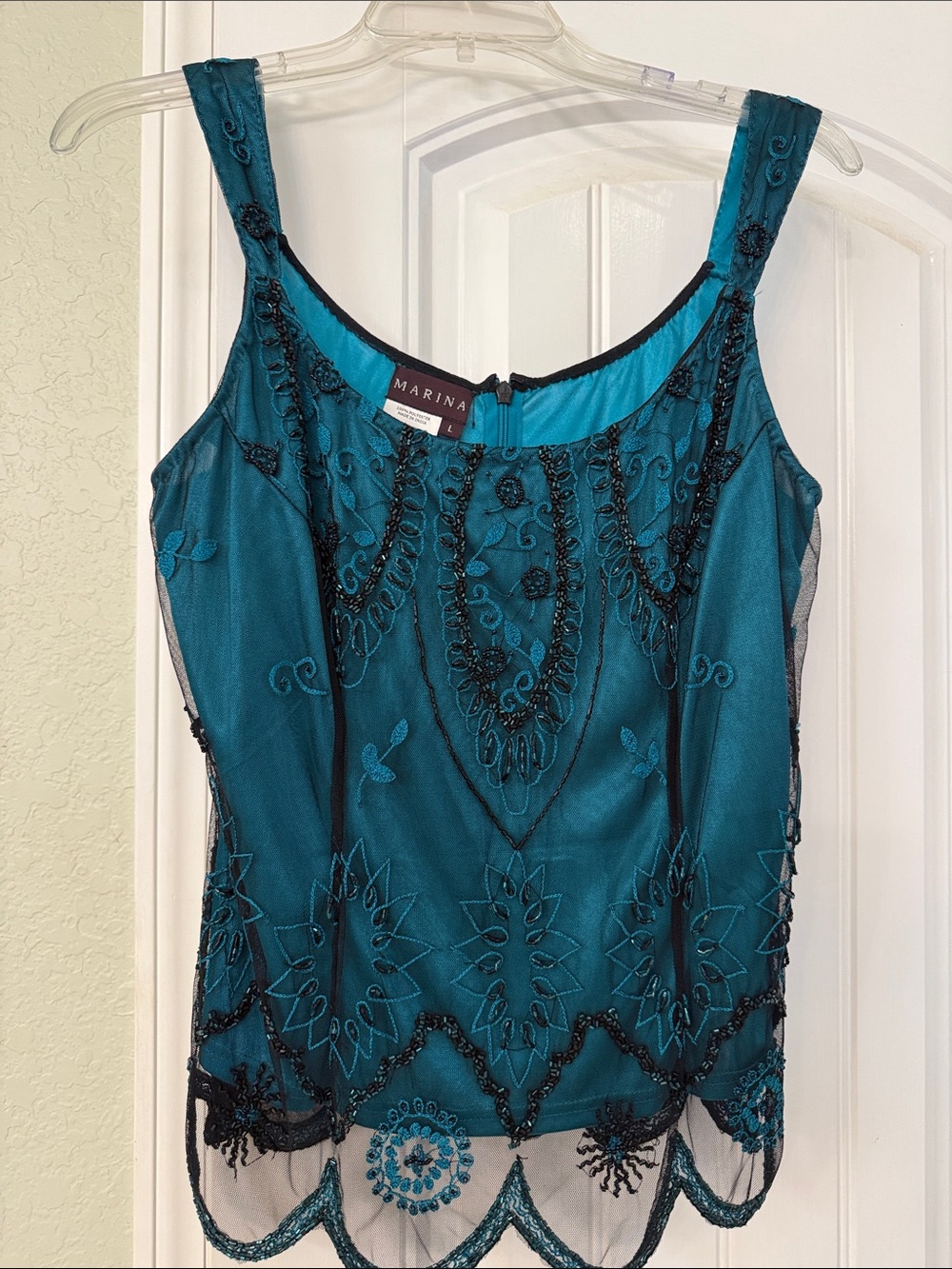 MARINA Teal Hand-Embroidered Beaded Camisole